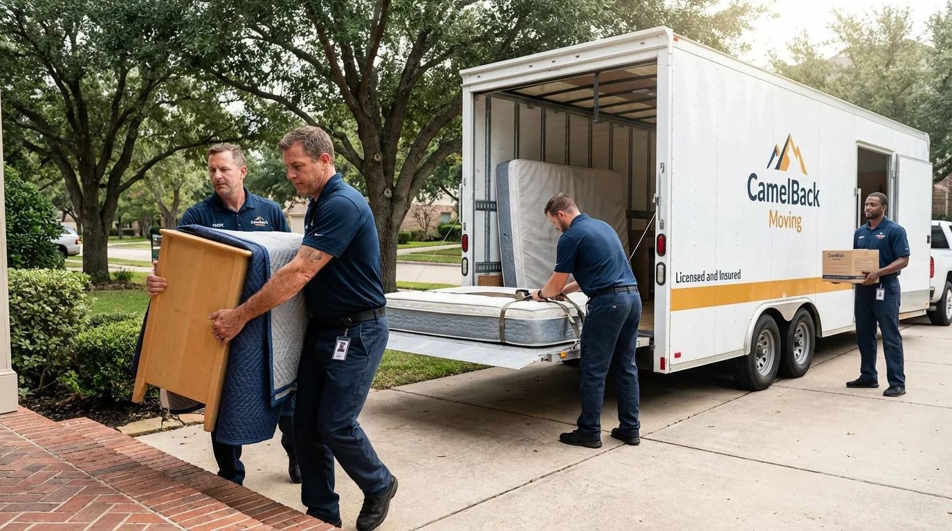 Crew loading residential truck for cross-state move from Dripping Springs, TX