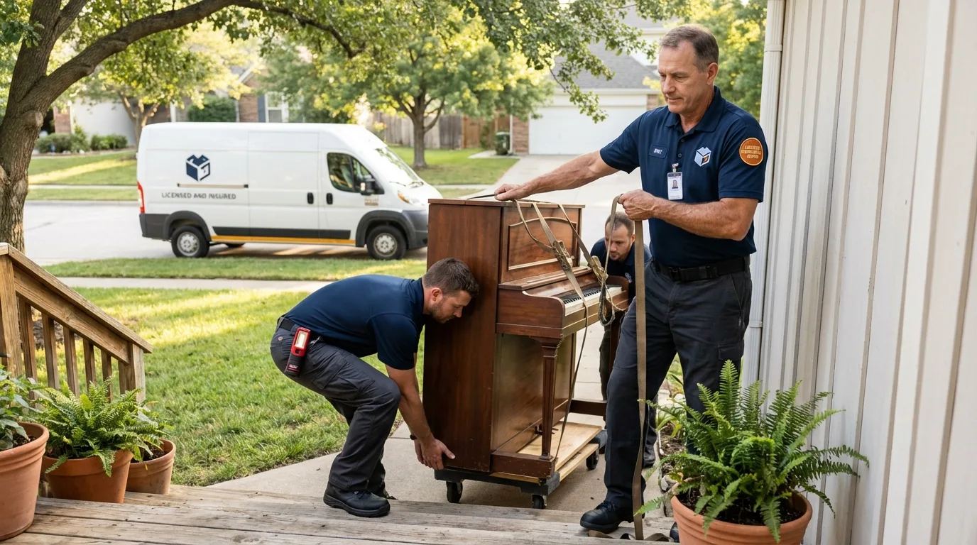 Licensed piano movers securing grand piano in Dripping Springs, TX