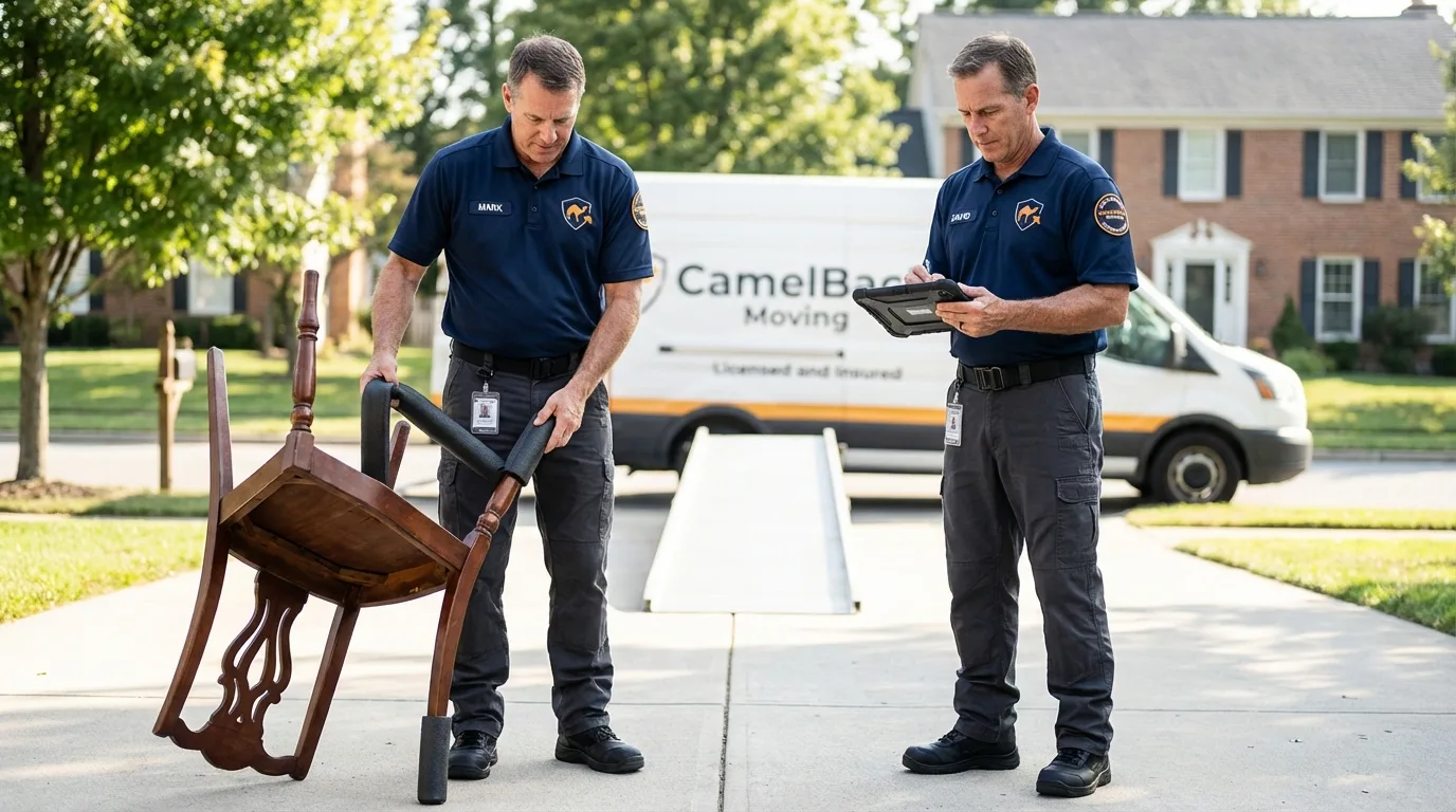 Movers inspecting furniture for damage prevention before loading in Dripping Springs, TX