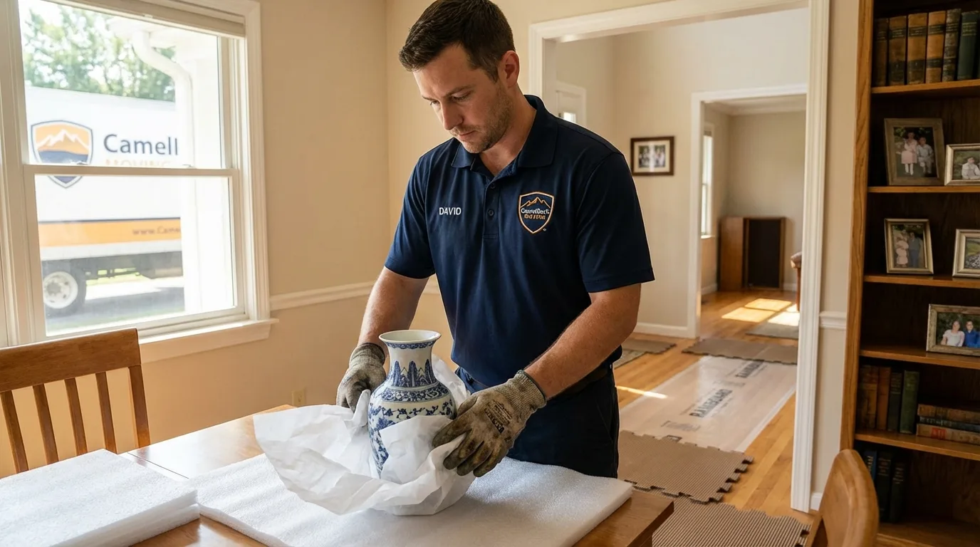 Professional crew carefully wrapping antique vase for senior downsizing move in Dripping Springs, TX